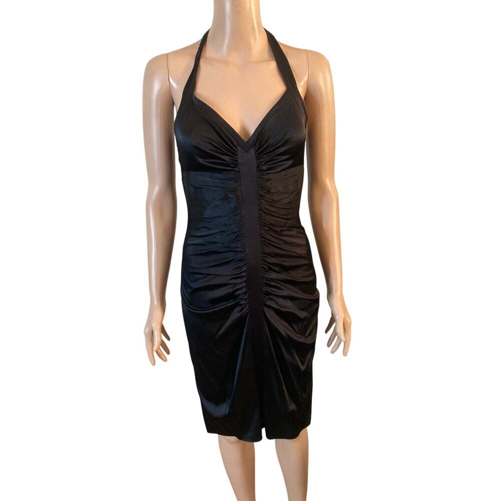 BCBGMaxAzria Black Silk Halter Cocktail Dress Ruched Bodycon Size 2